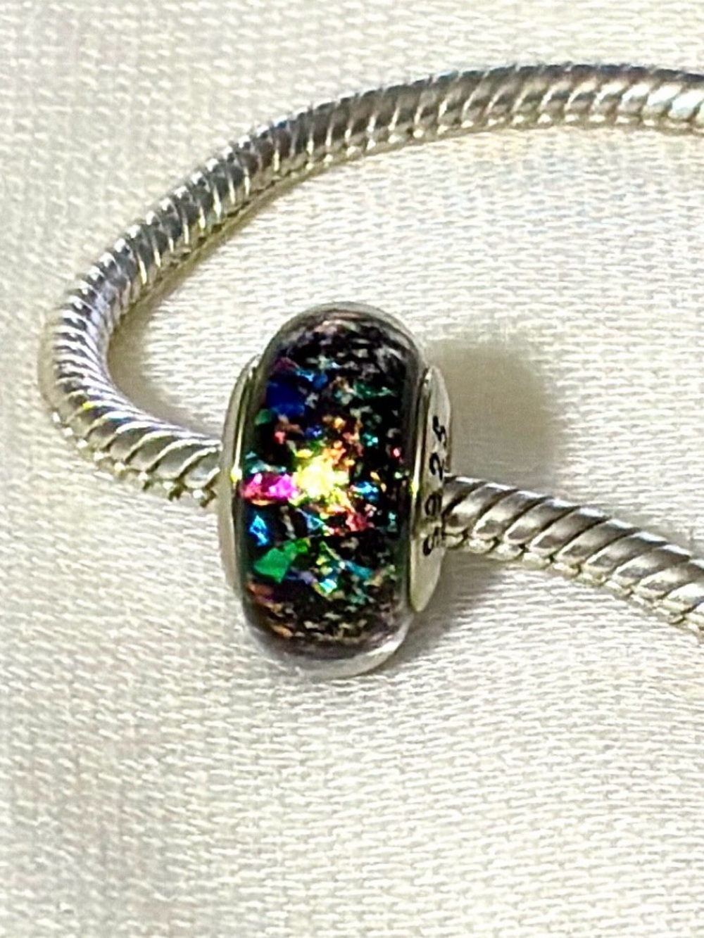 Cosmic Black Iridescent Confetti Charm | Murano Glass, 925 Sterling Silver